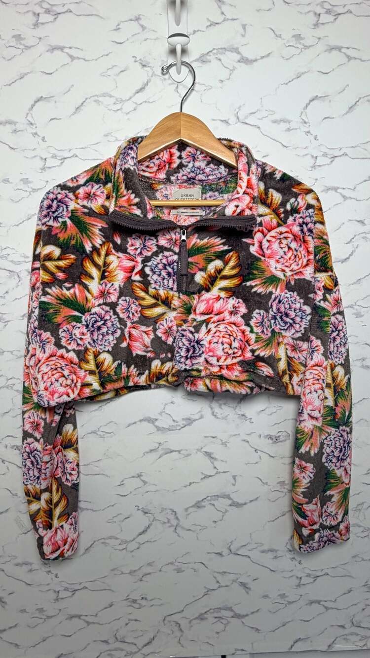 Urban Outfitters Floral Print Fleece Quarter Zip Crop Pullover Size S-P
